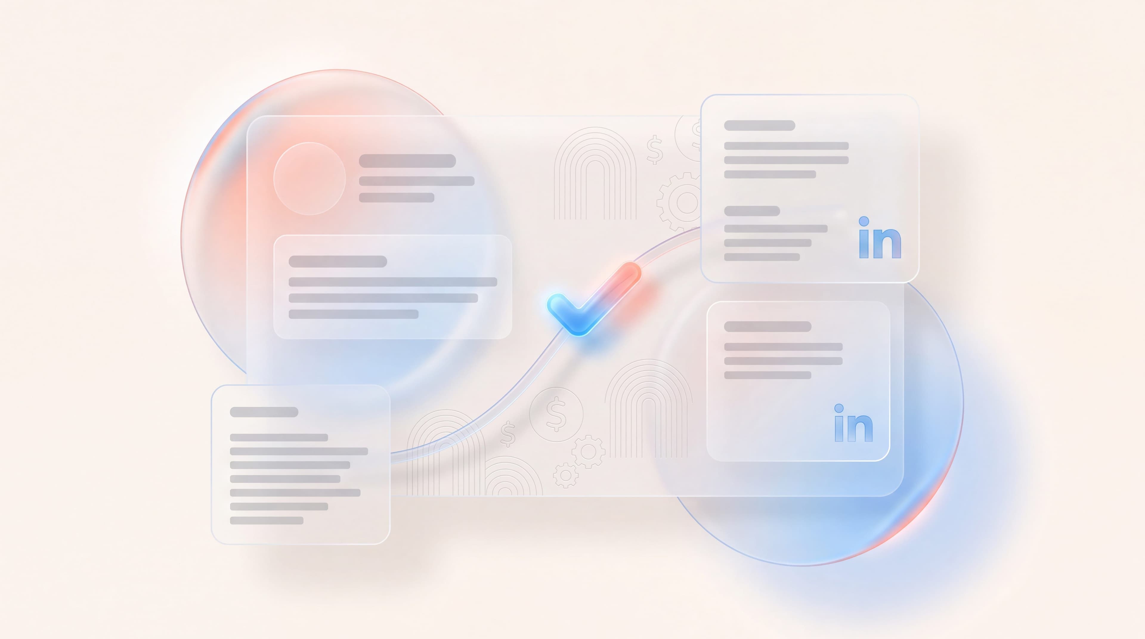 Frosted-glass LinkedIn profile cards for senior financial services voices with a compliance approval checkmark