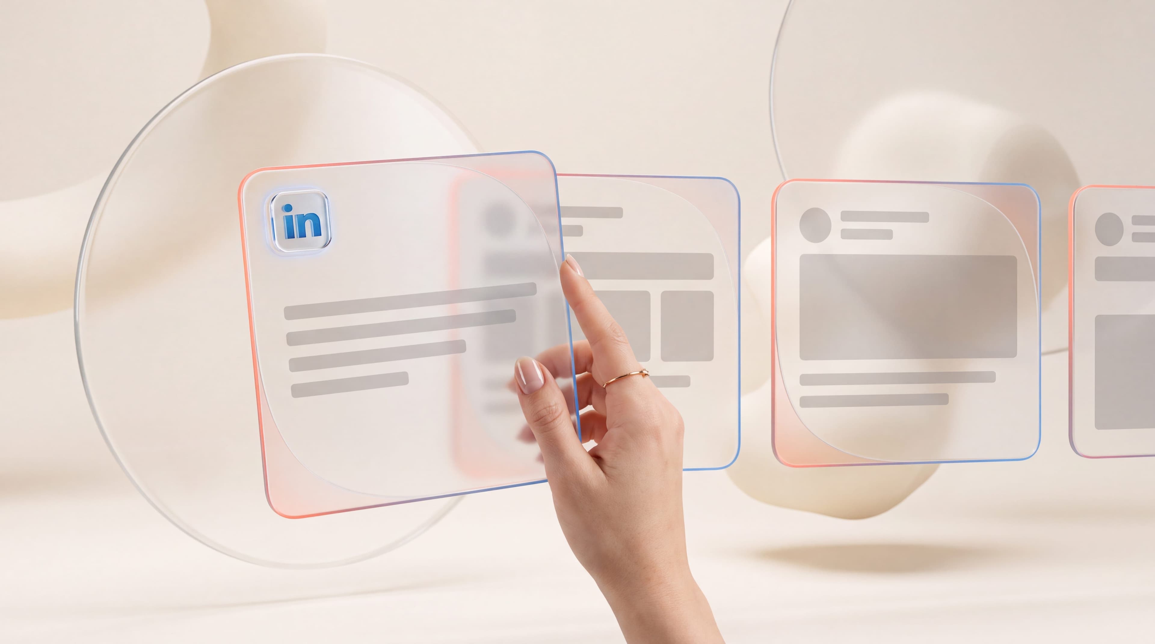 Hand swiping through a row of translucent LinkedIn carousel ad cards arranged in sequence