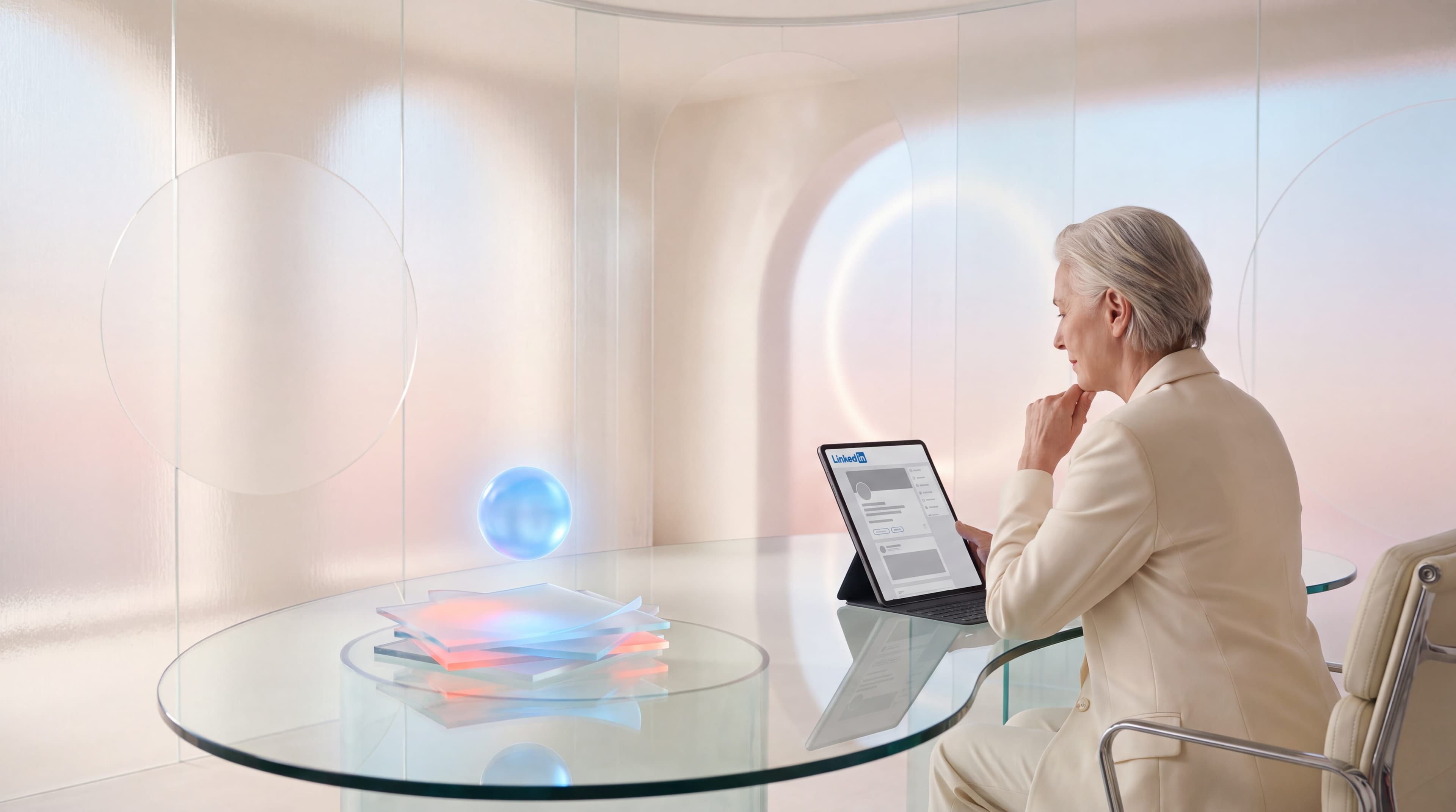 Executive reviewing a LinkedIn thought leadership post on a tablet at a glass desk in a calm modern office