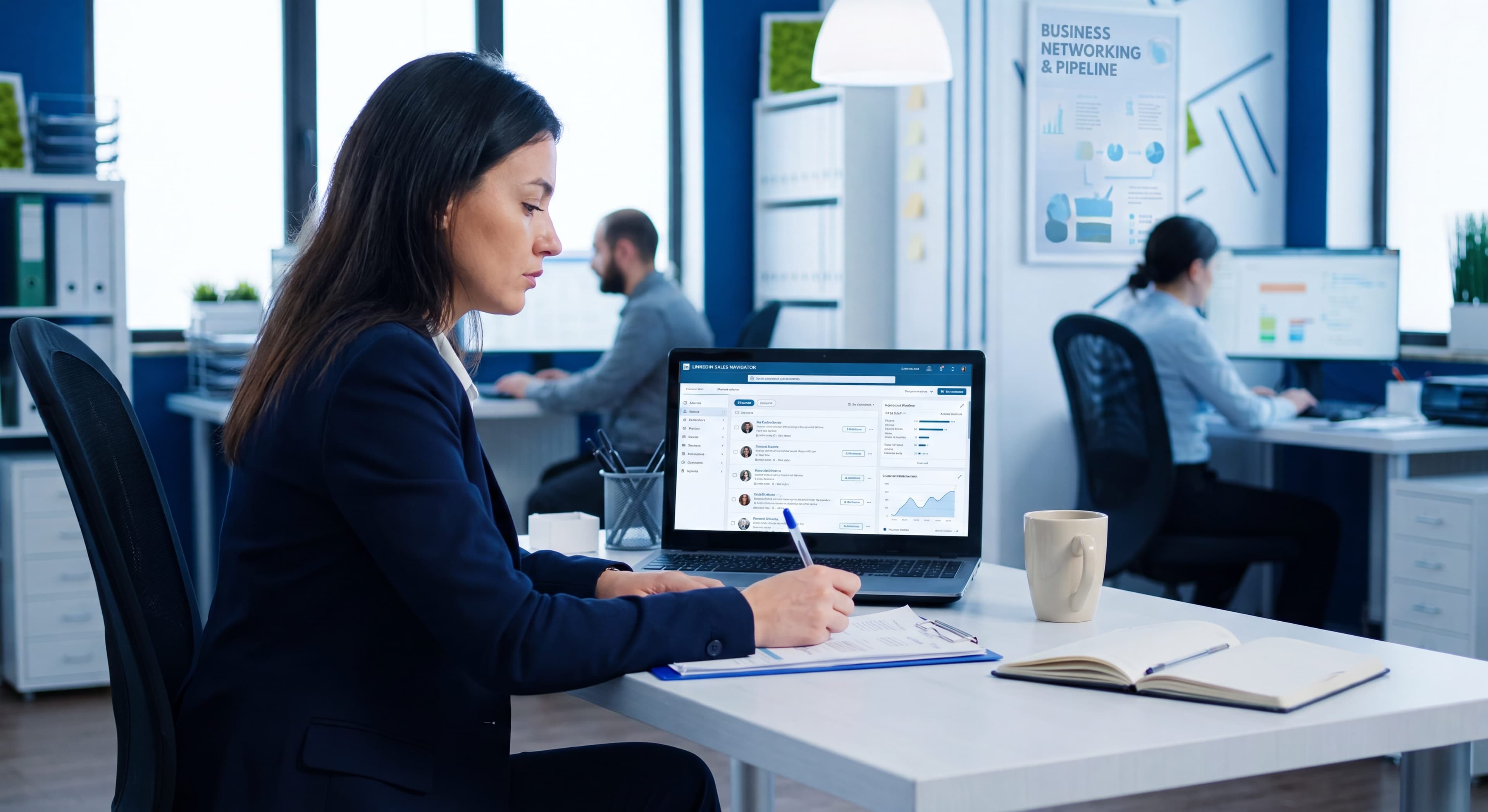 B2B professional reviewing a targeted prospect list and LinkedIn outreach dashboard on a laptop