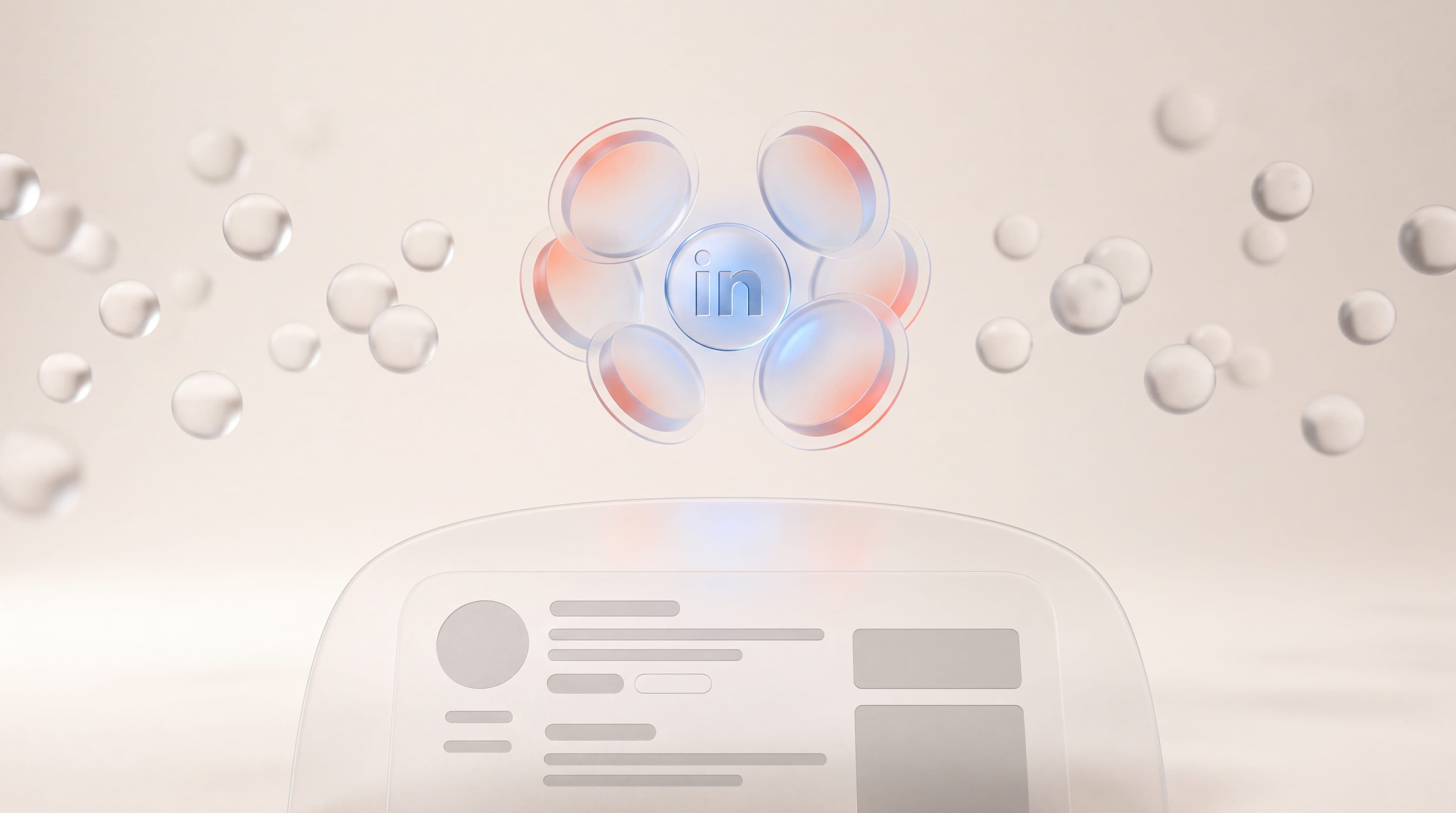Glass discs clustered around the LinkedIn logo above a profile panel, with scattered spheres drifting away