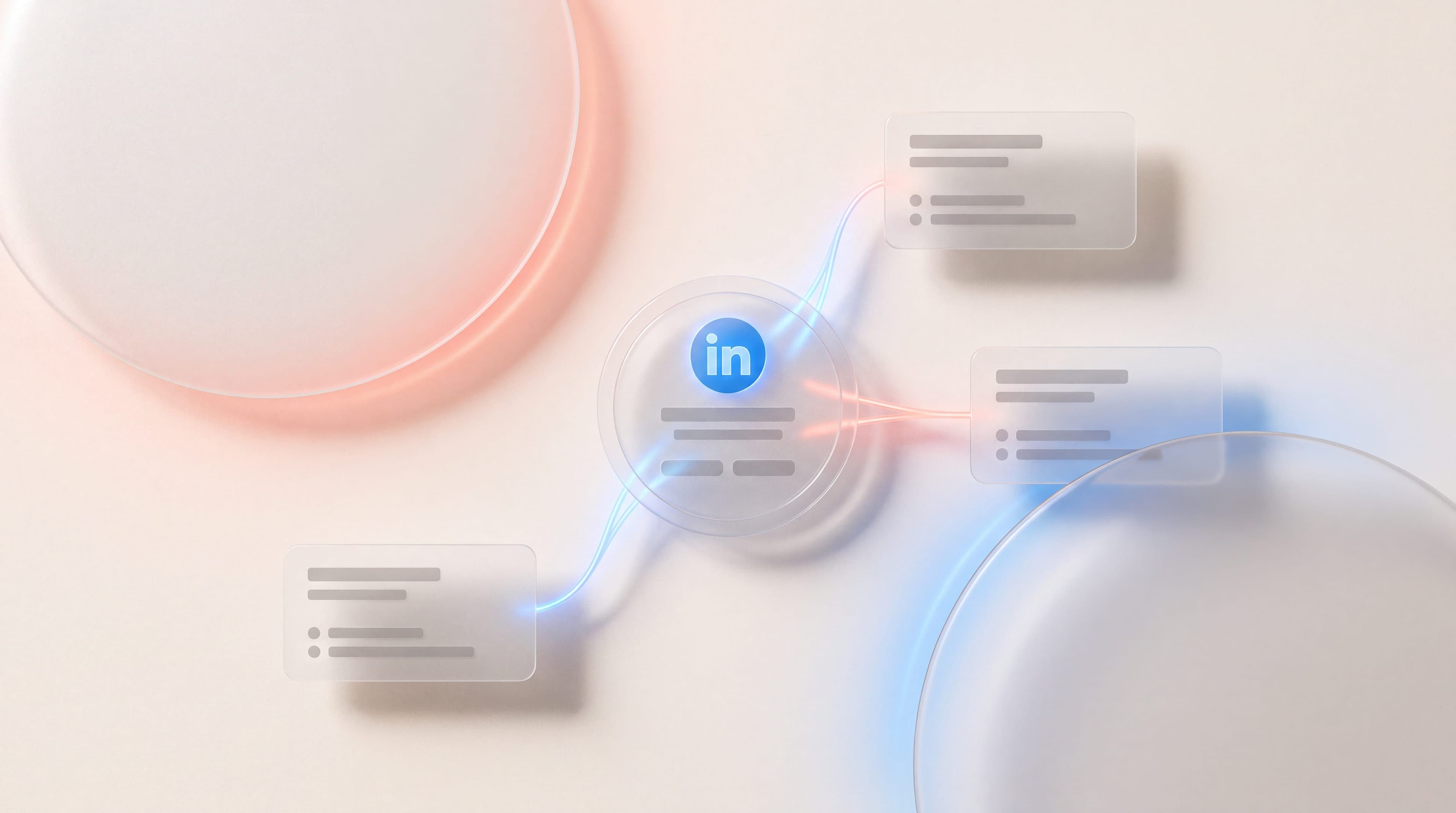 Glass profile card with the LinkedIn logo connected to three contact cards, illustrating social selling