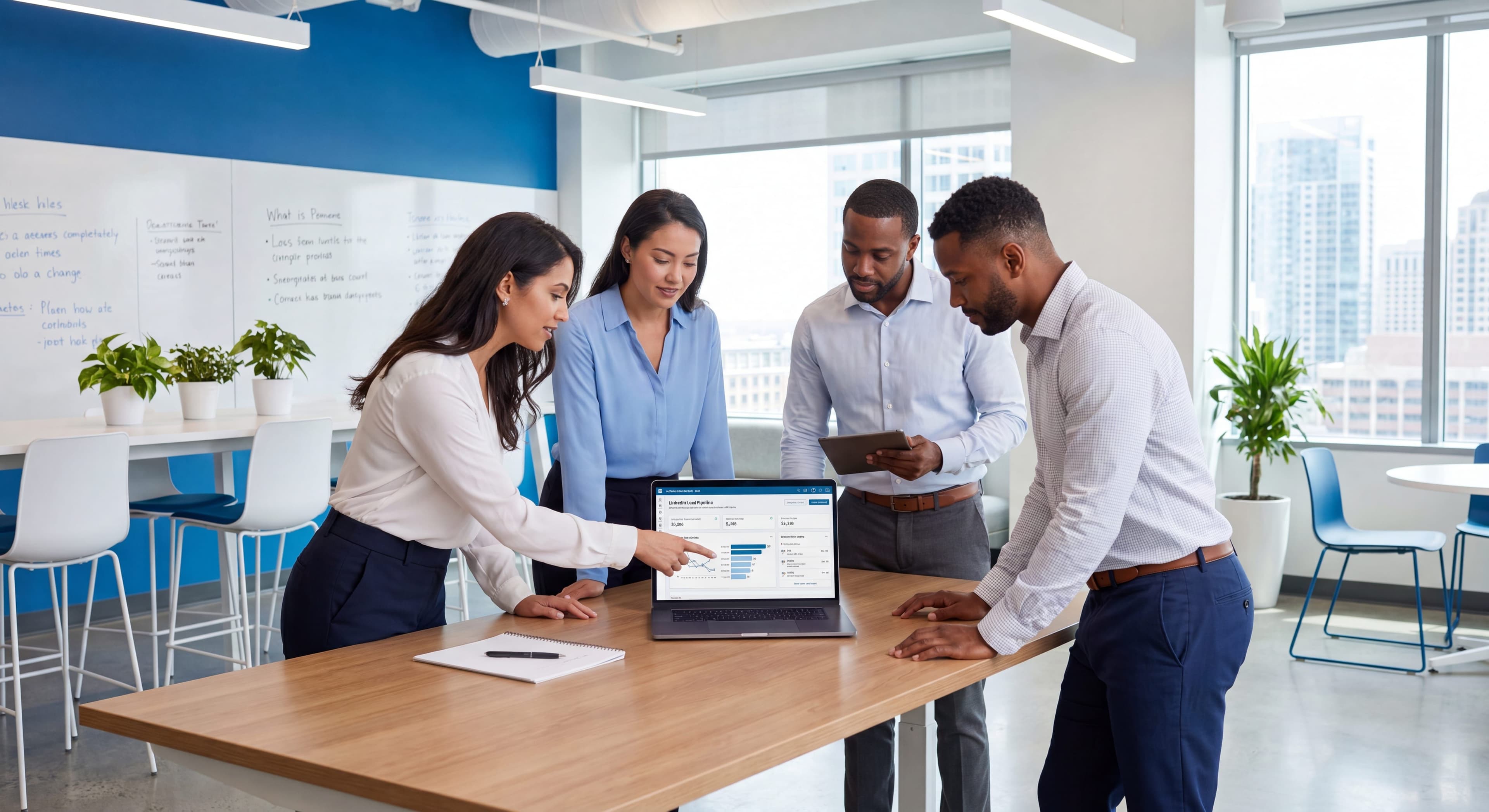 B2B sales team reviewing a LinkedIn lead generation pipeline dashboard in a modern office