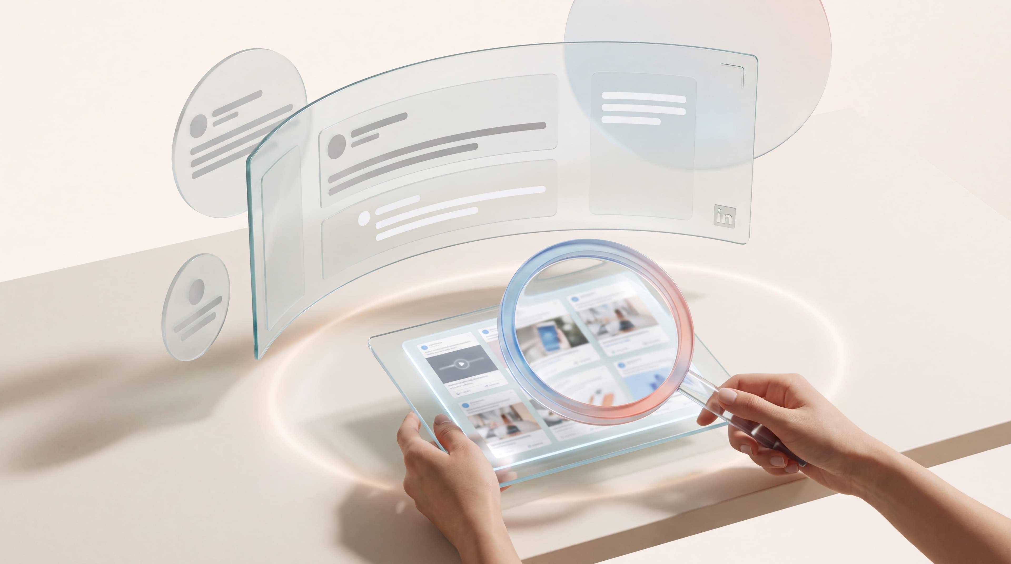 Glassmorphism view of the LinkedIn Ads Library with competitor ad previews under a magnifying lens
