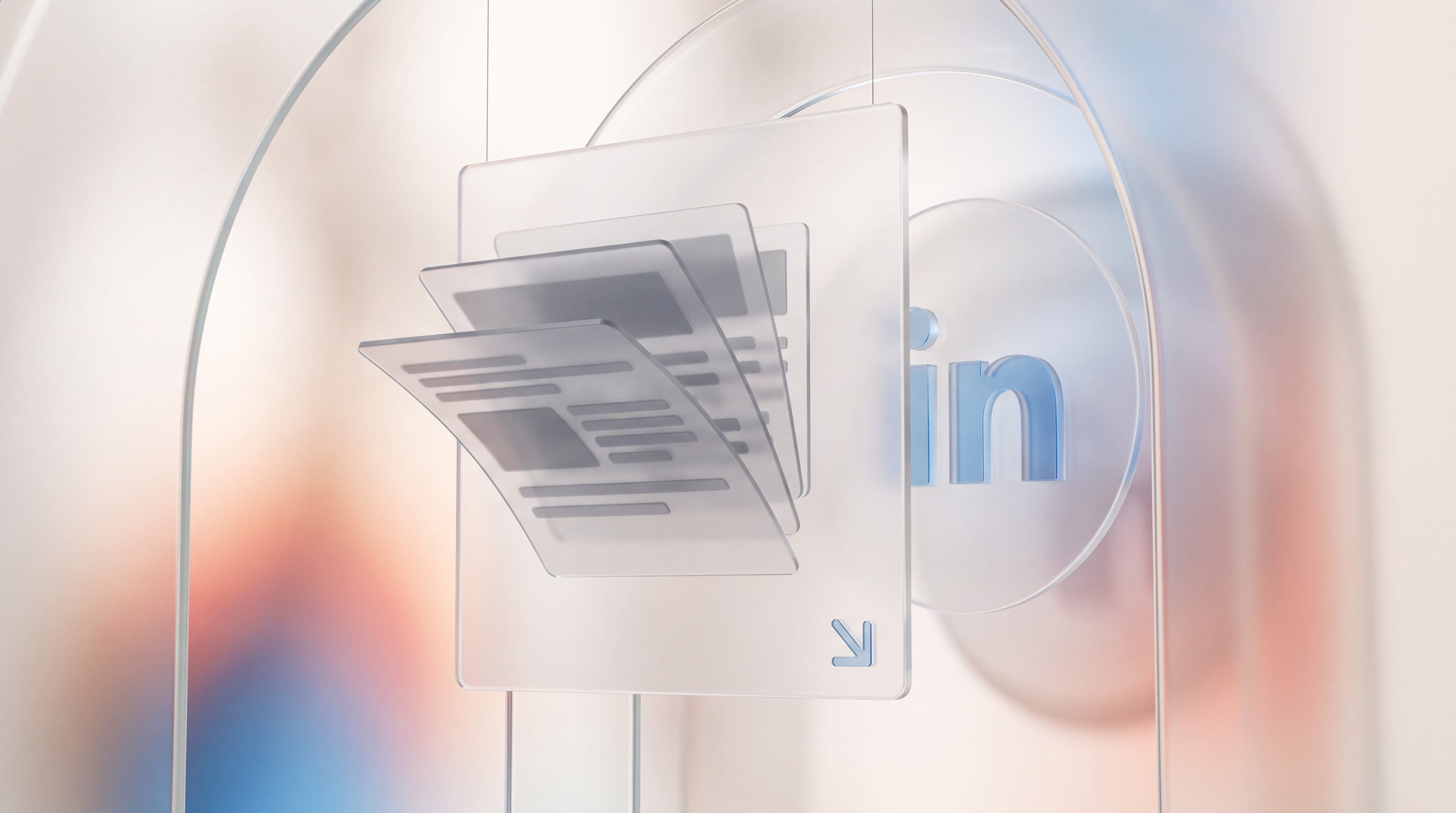 Frosted glass panel showing pages of a document being flipped through in a LinkedIn feed beside a glass LinkedIn logo disc