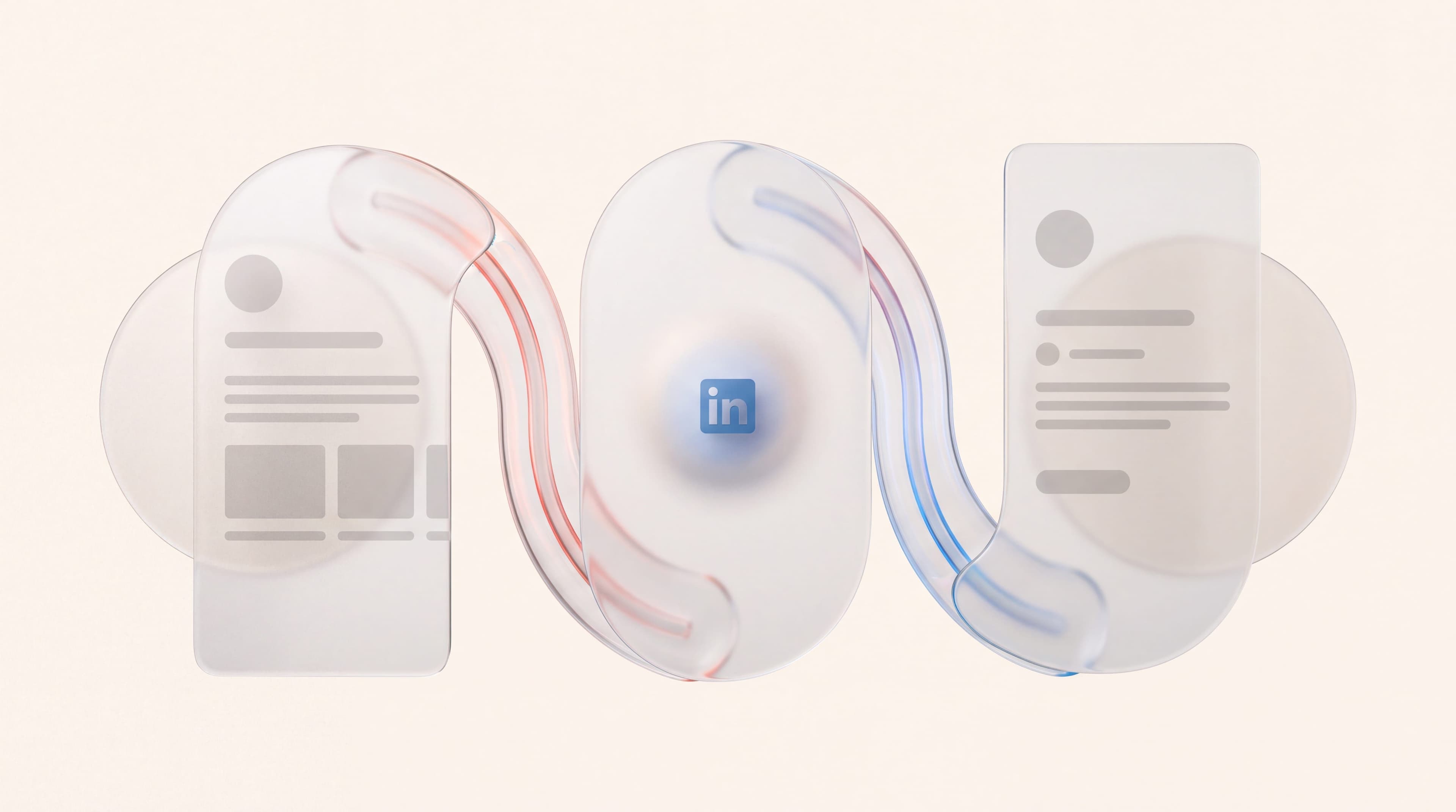 Three connected glass panels feeding into each other with a LinkedIn logo, integrated B2B marketing agency concept