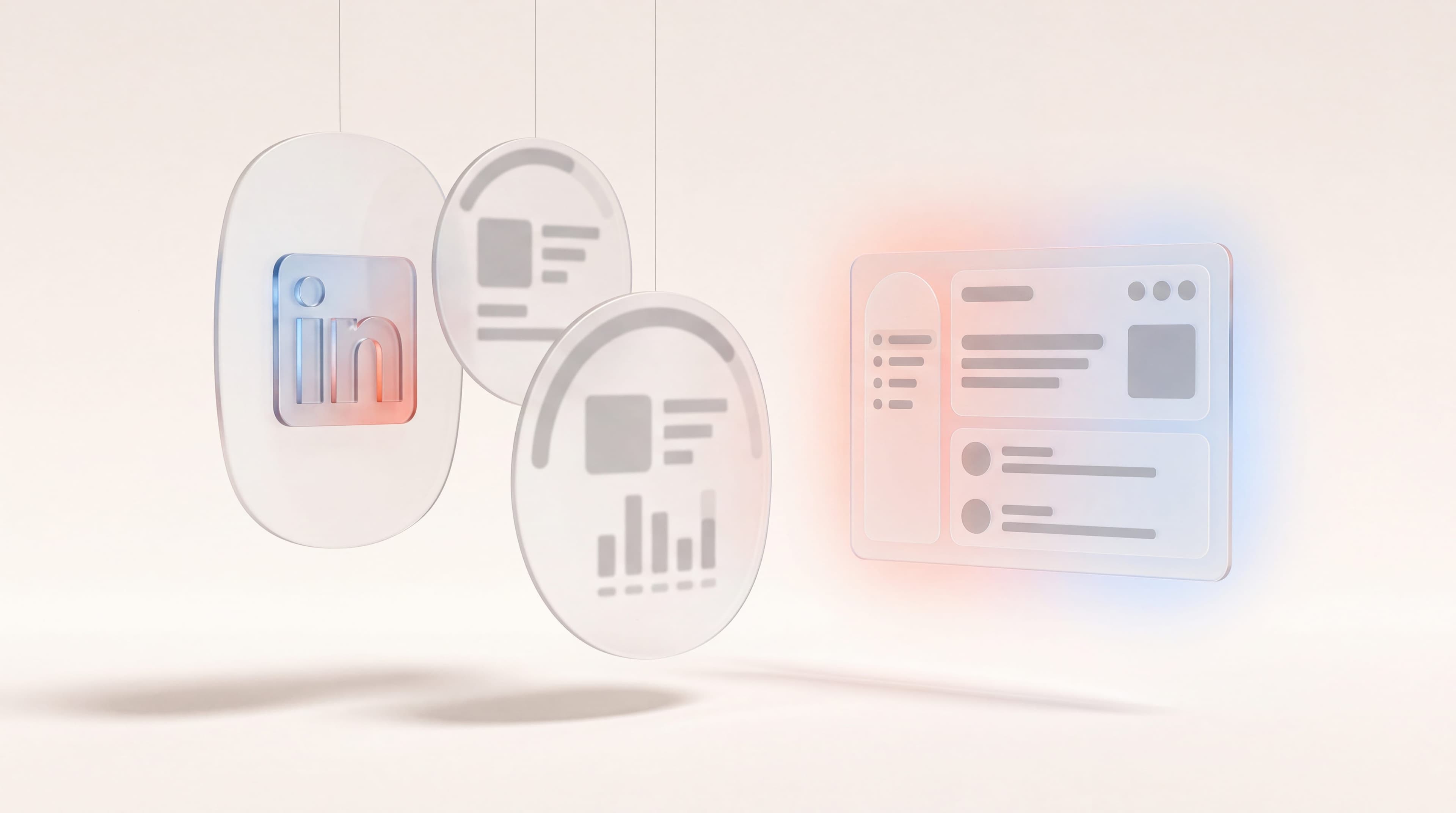 Three frosted glass panels comparing B2B digital marketing channels, one marked with the LinkedIn logo