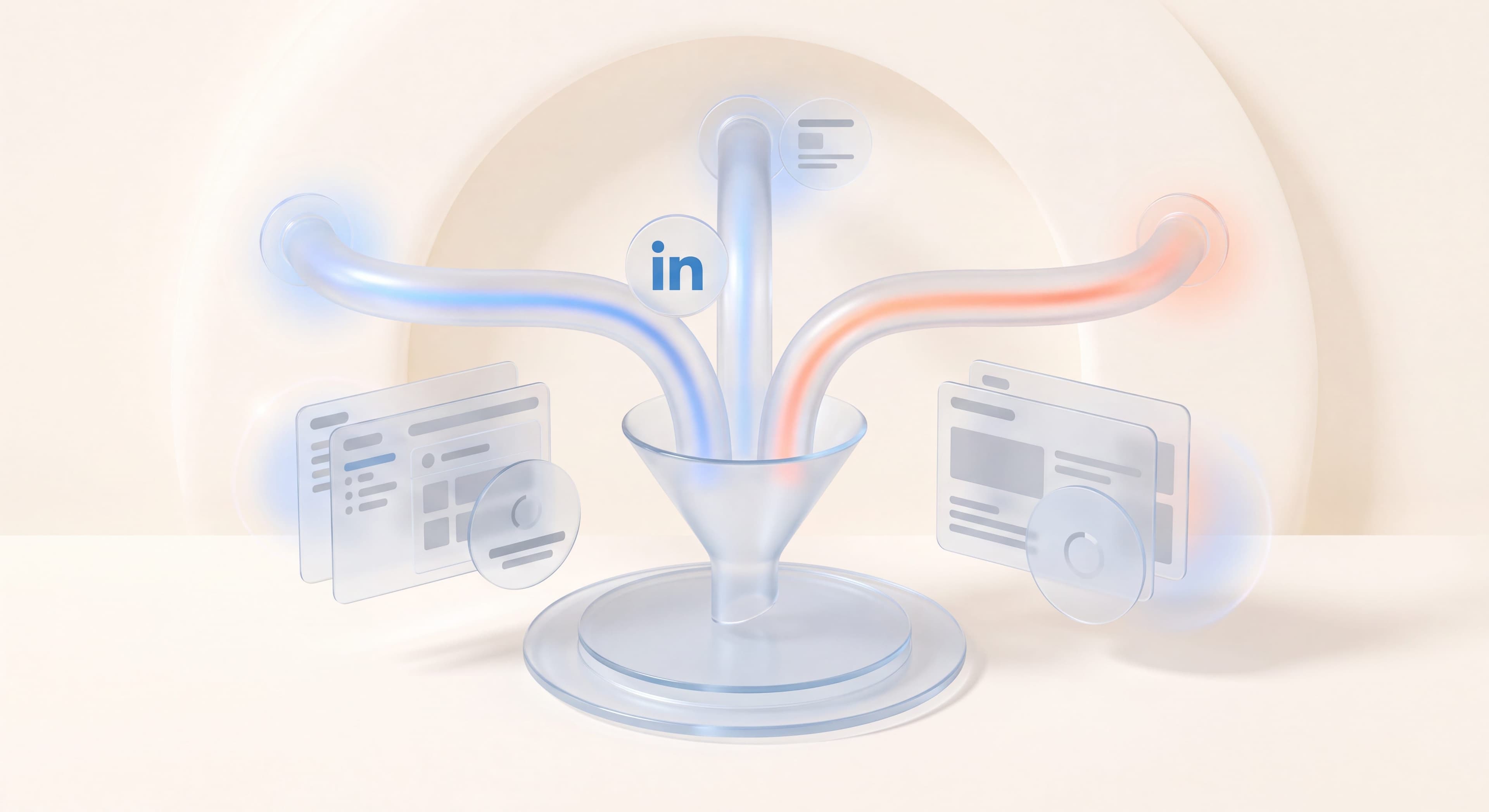 Glass pipelines converging into one funnel, illustrating SaaS lead generation strategies as a single engine