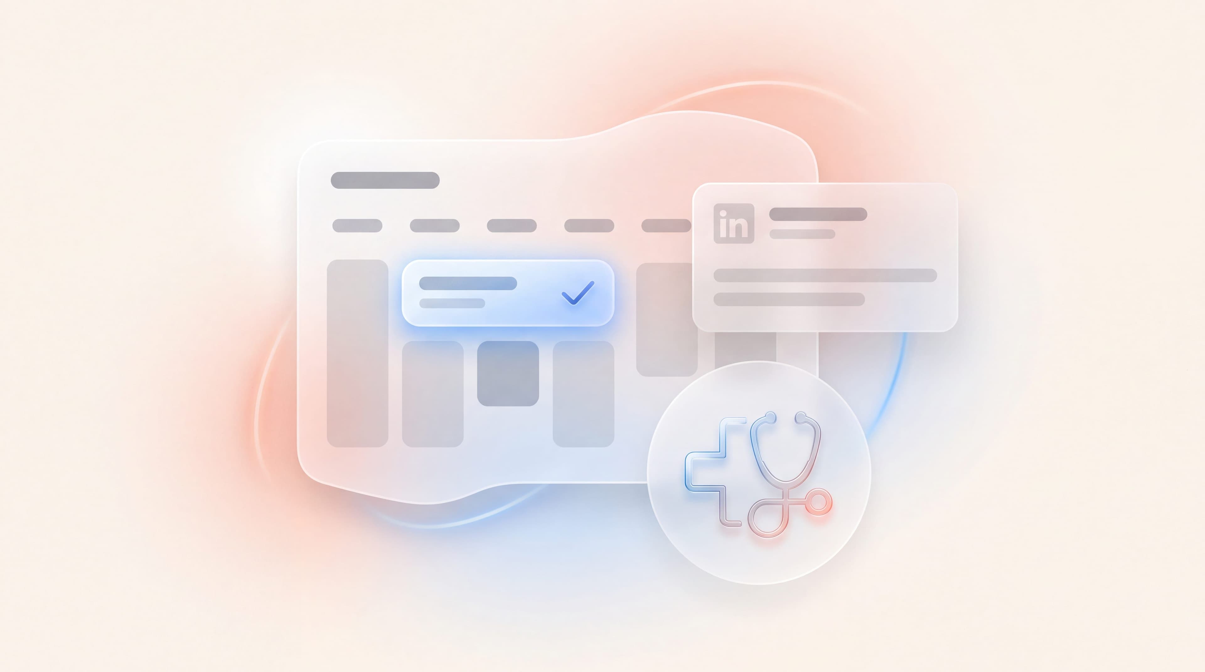 Glass calendar panel with a confirmed healthcare appointment beside a LinkedIn message card