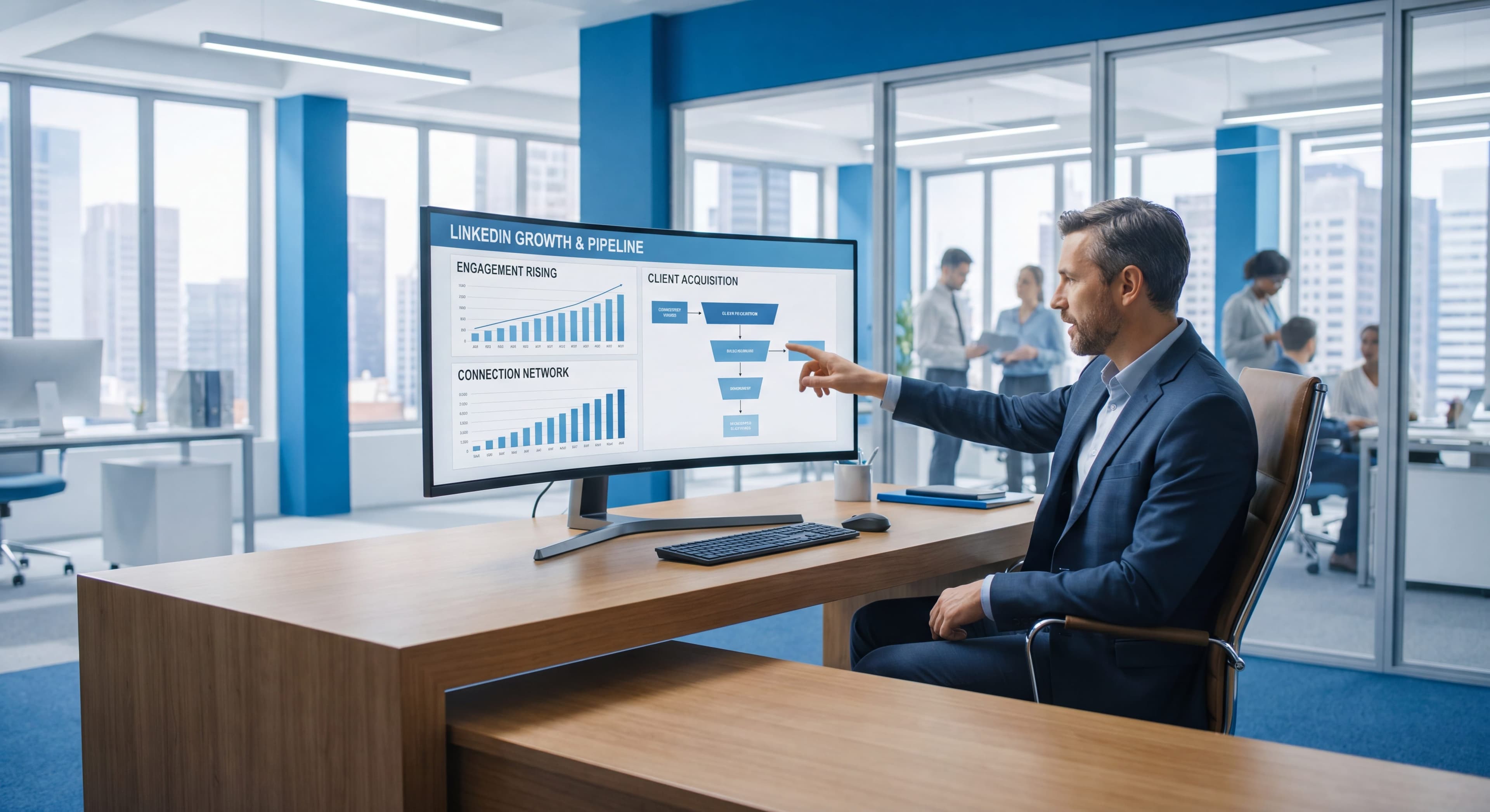B2B leader reviewing a LinkedIn growth and pipeline dashboard to get more clients