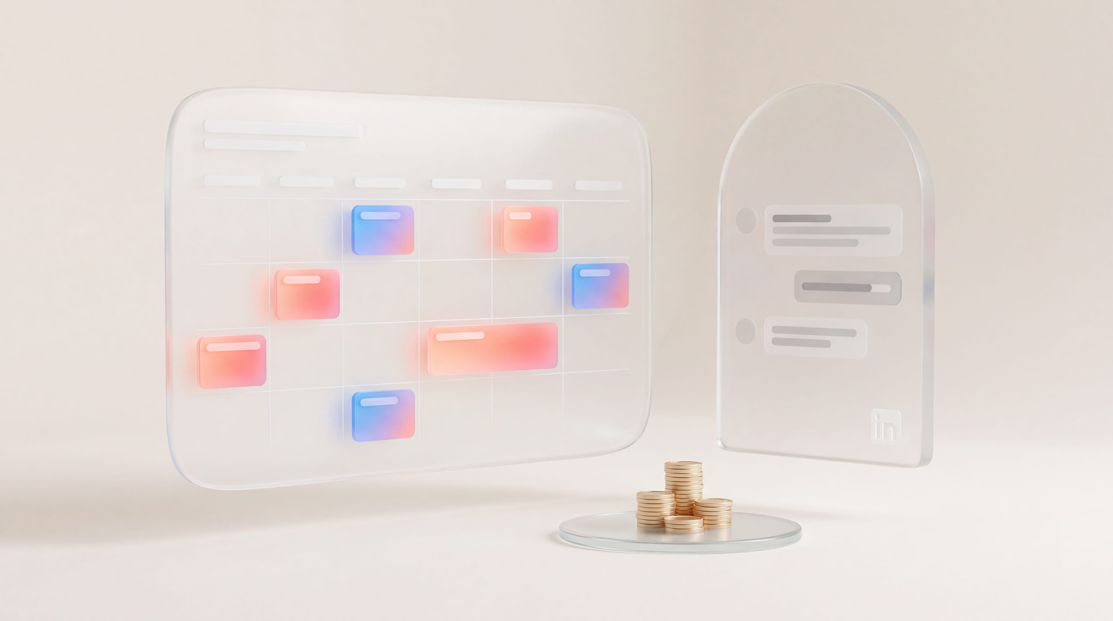 Glass calendar of booked meetings from B2B appointment setting for technology companies, beside LinkedIn messages and coins