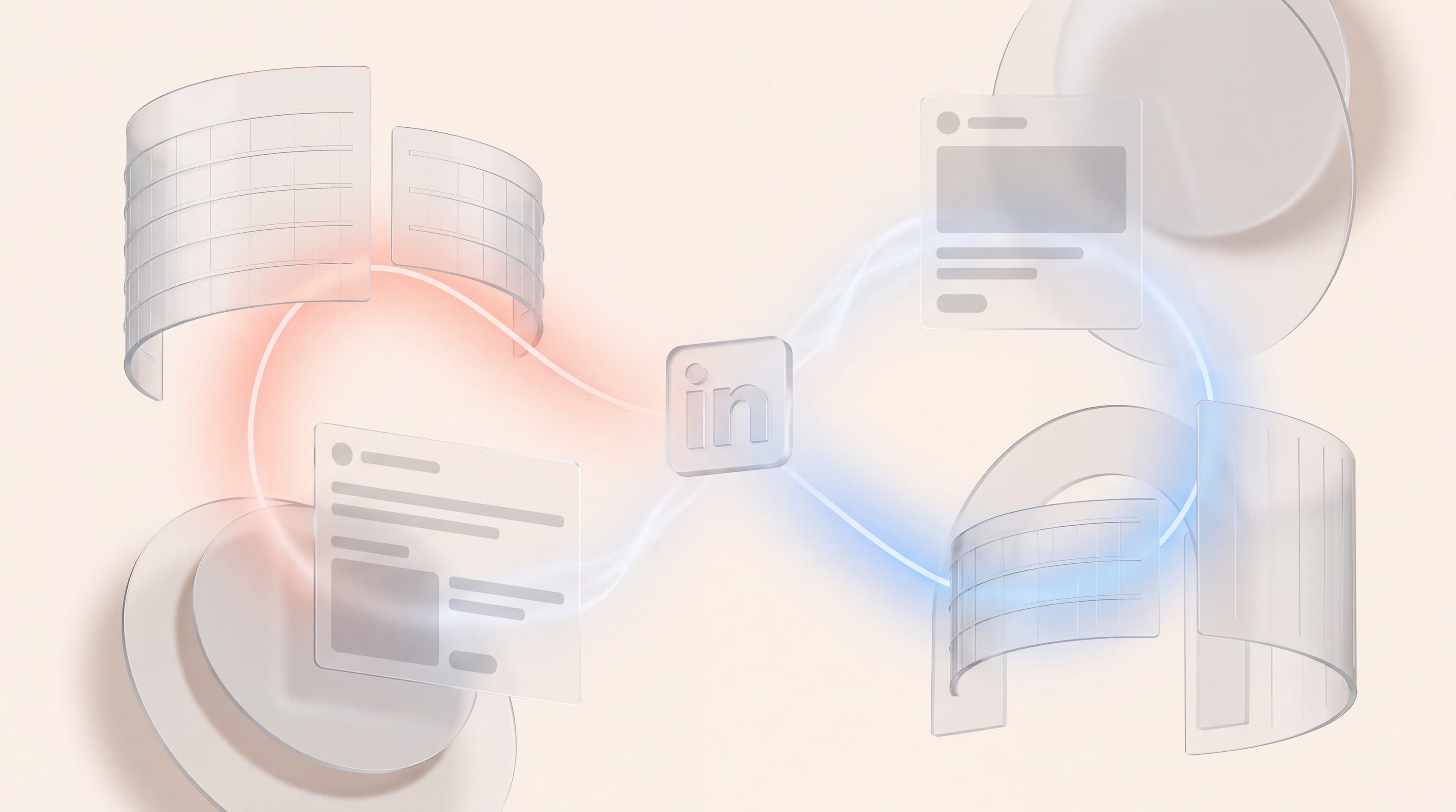 Glass LinkedIn logo linked to translucent bank buildings and ad cards, illustrating LinkedIn ads for financial services
