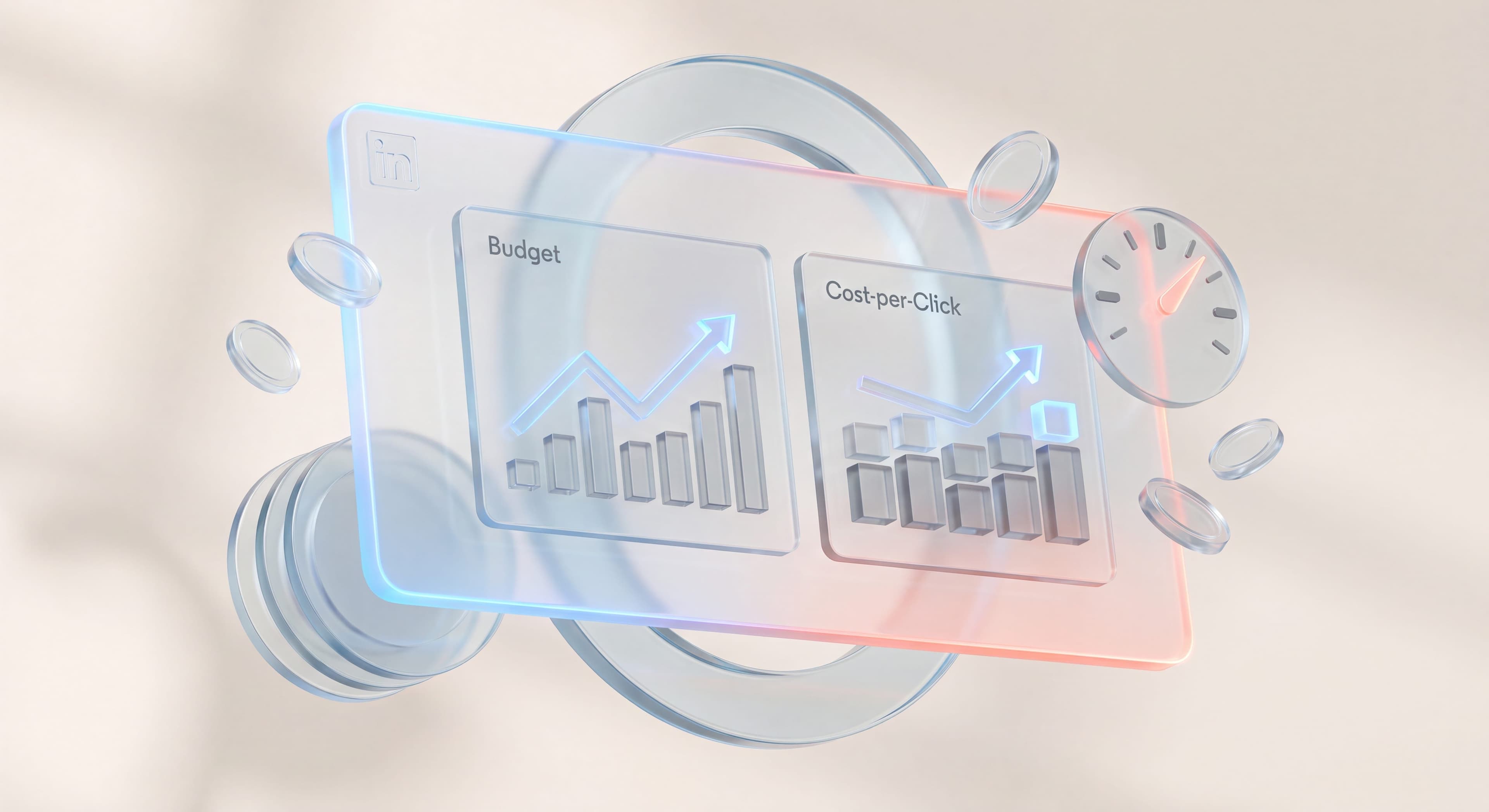 Glass dashboard showing LinkedIn Ads cost, CPC, and budget figures with the LinkedIn logo