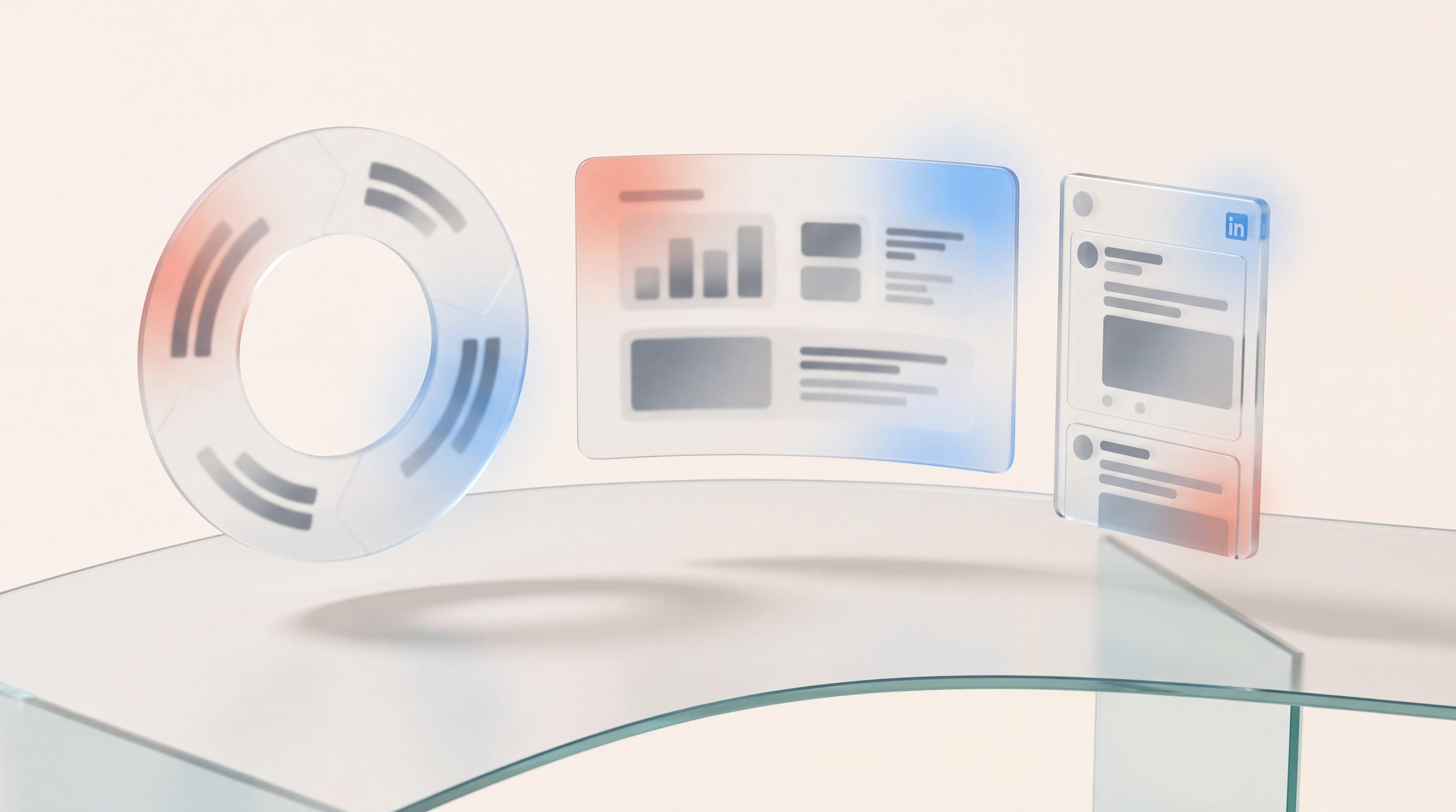 Frosted-glass panels showing a renewal-cycle ring, campaign charts and a LinkedIn ad card for insurance marketing