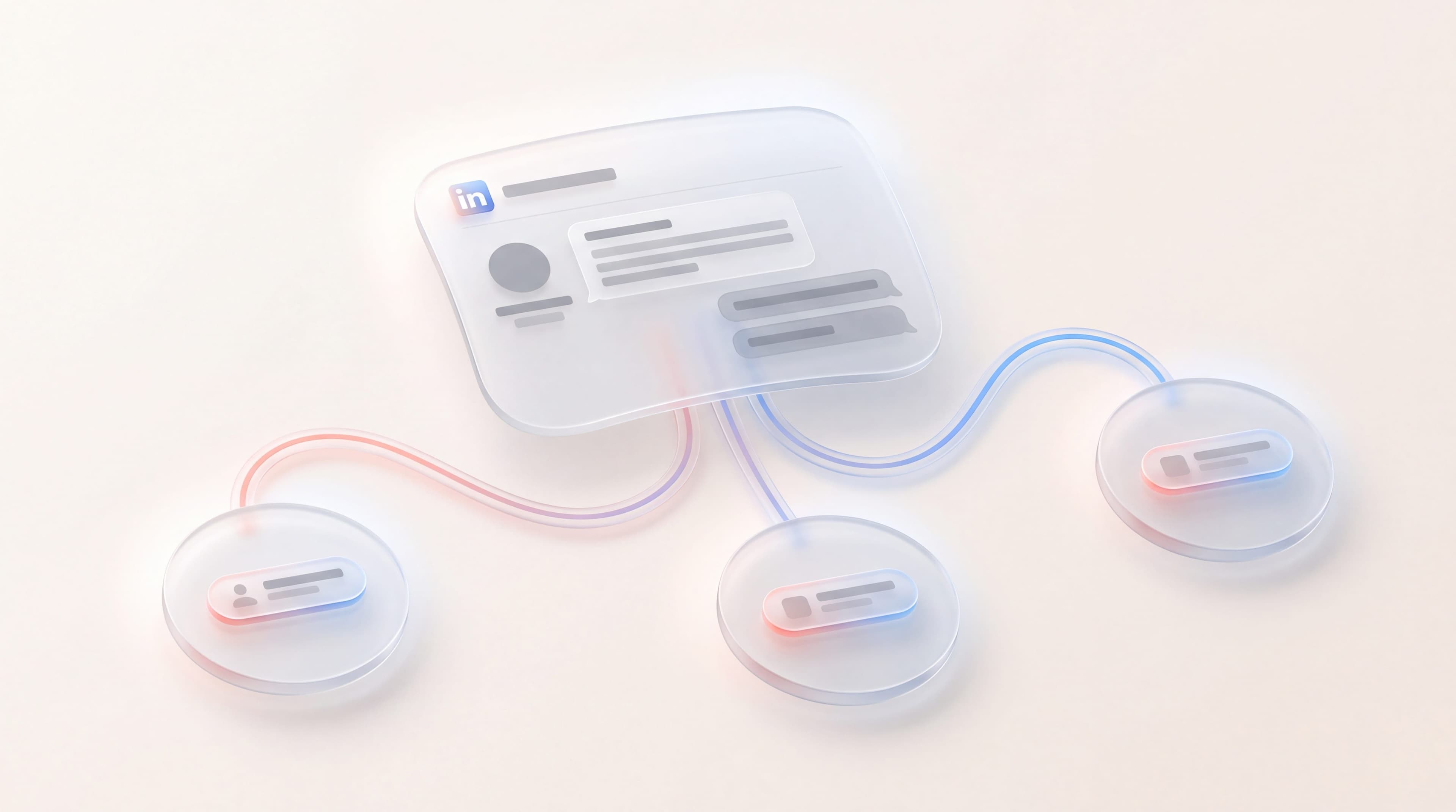 Glassmorphic LinkedIn message thread branching into three paths with CTA buttons on frosted glass panels