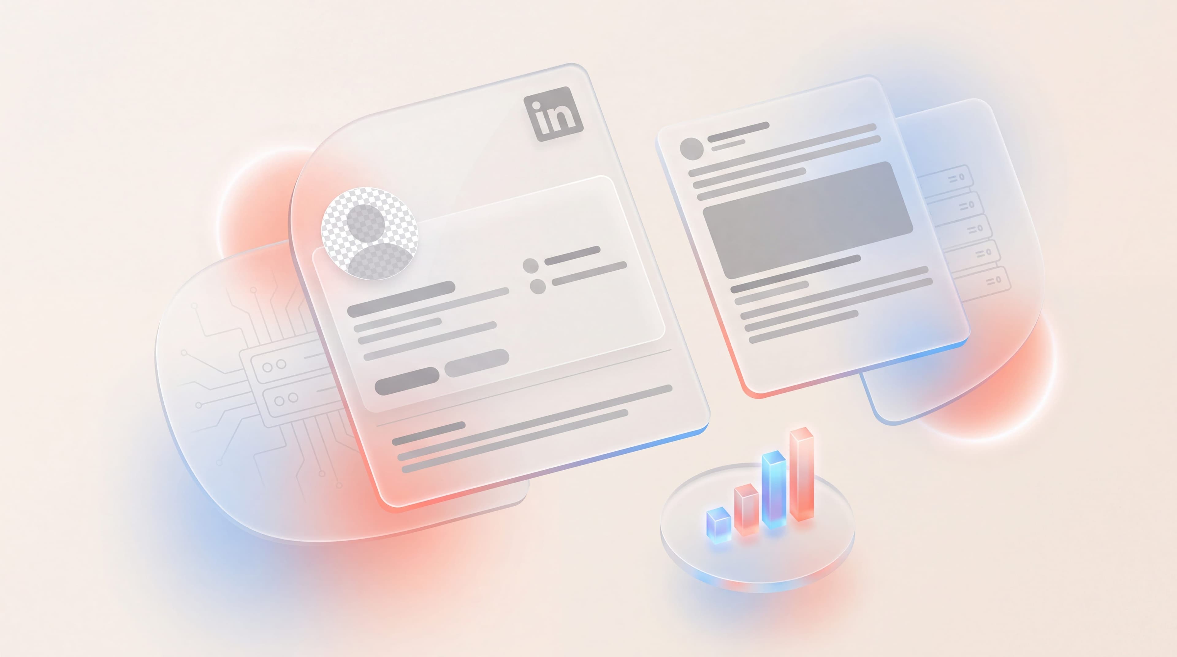 Frosted glass LinkedIn profile card, post panel and bar chart with circuit motifs for tech company personal branding