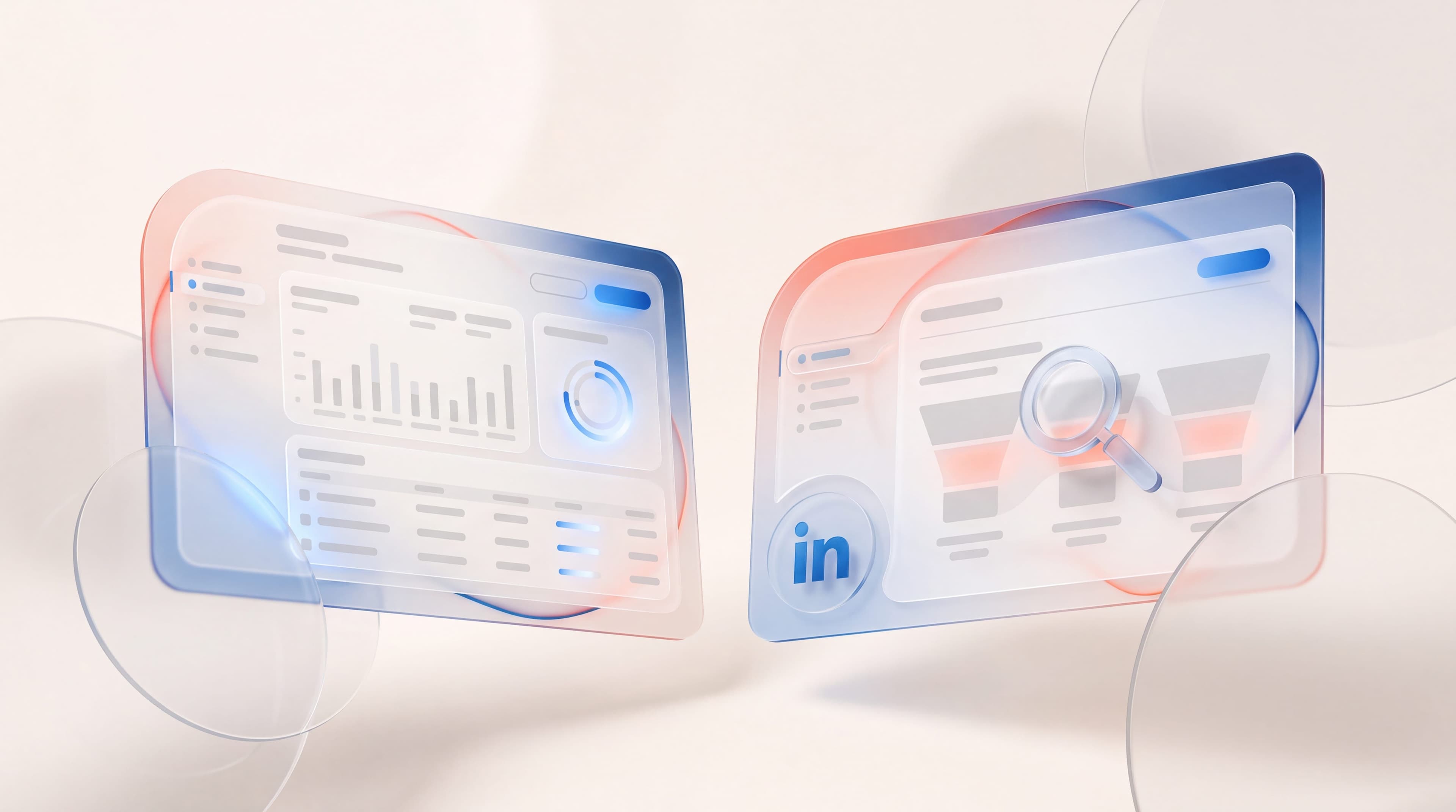 Frosted glass dashboards reviewing a B2B ad agency's managed campaigns and its ad intelligence software