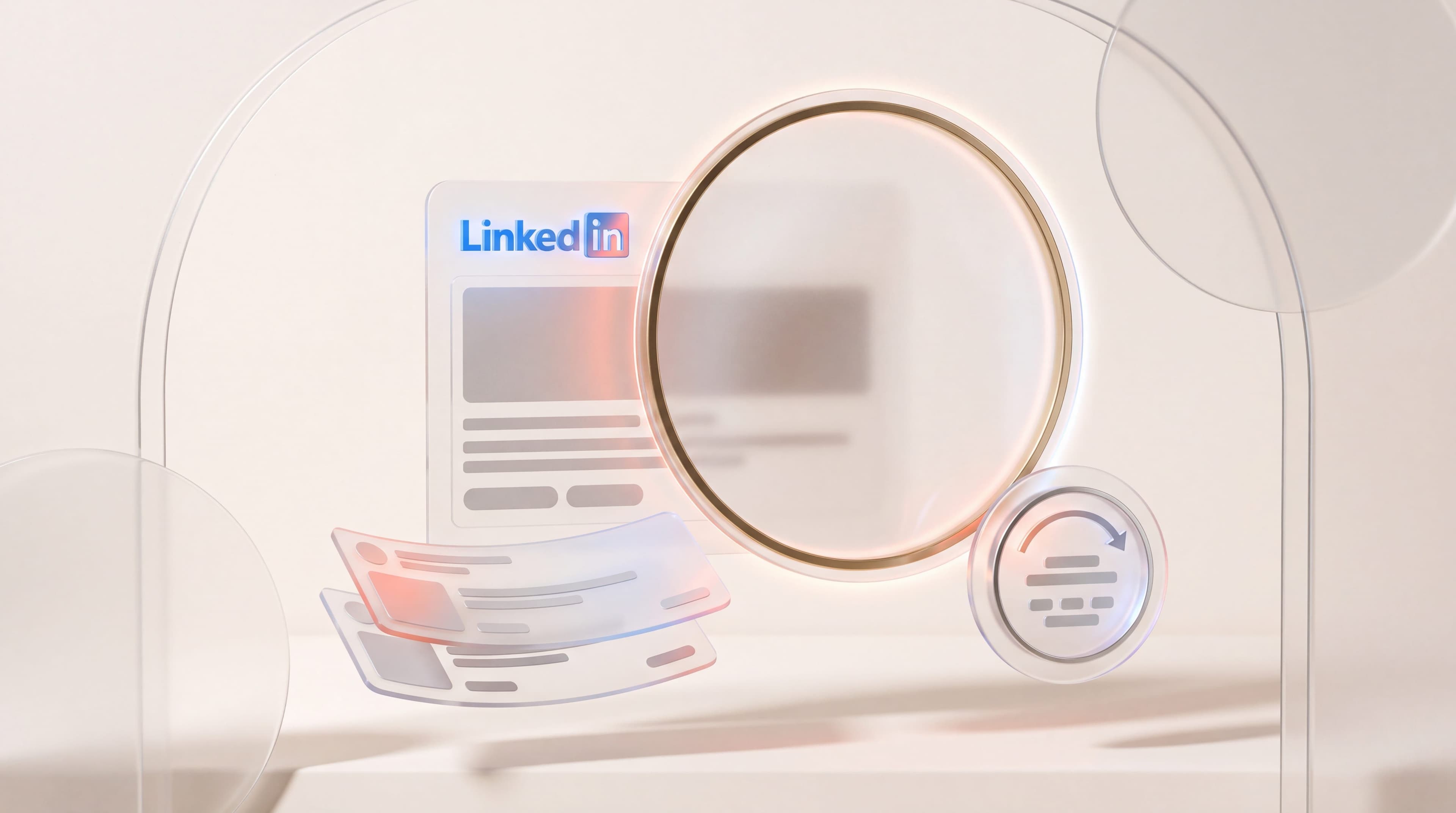 Glassy LinkedIn ad example under a magnifying glass, with sponsored post cards and an audience targeting dial