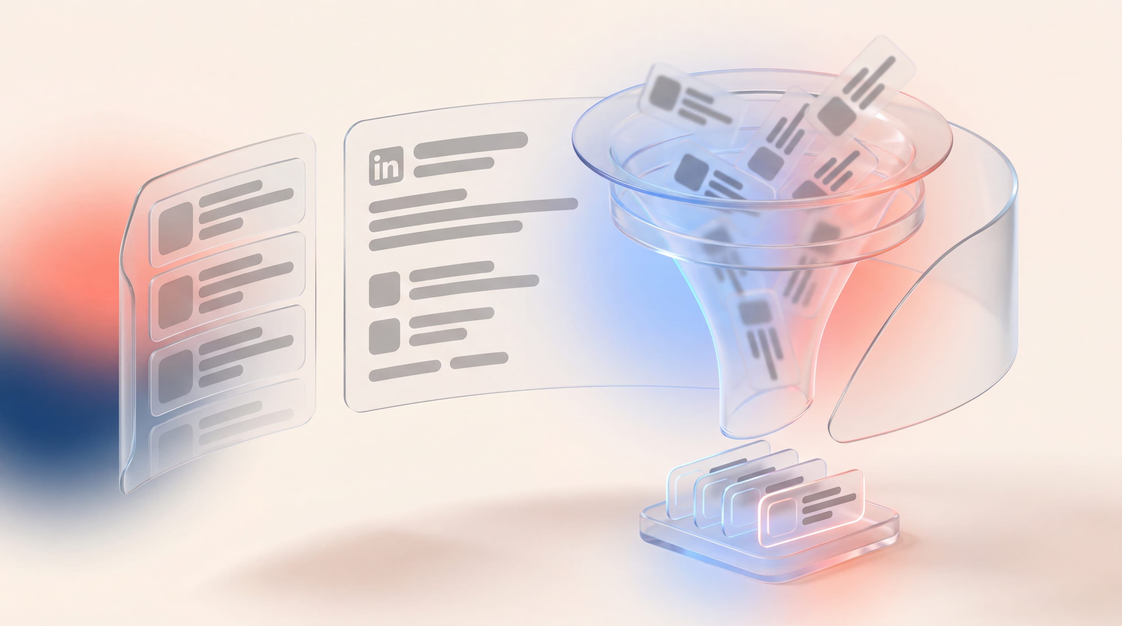 Glass funnel filtering LinkedIn contact cards into a shortlist, illustrating lead prospecting and list building