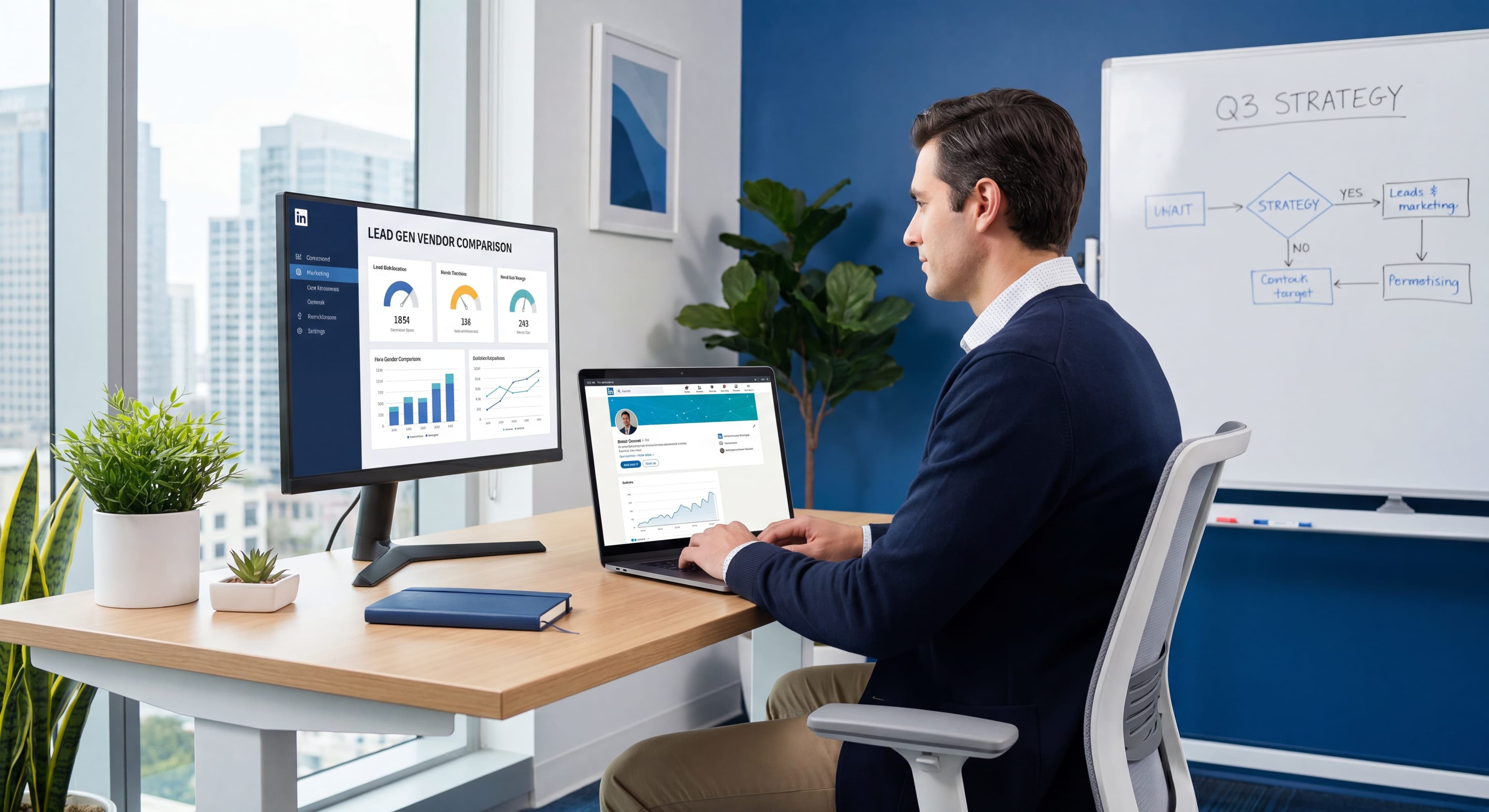 Marketing professional comparing the best B2B lead generation companies on a laptop dashboard
