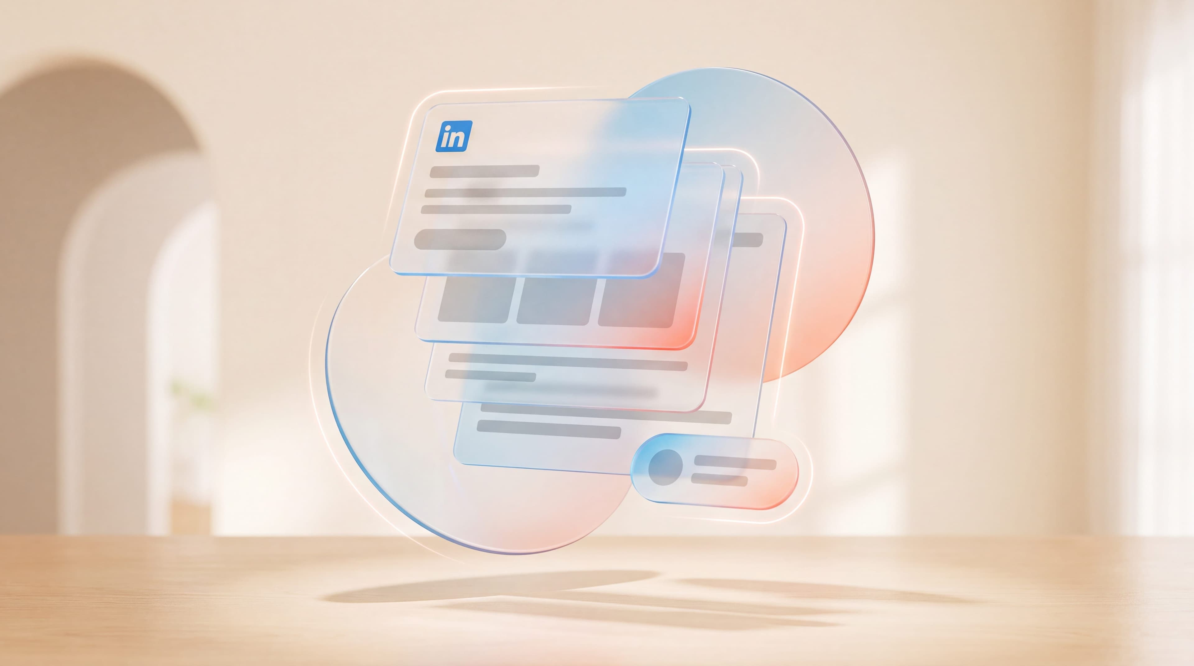 LinkedIn outreach templates shown as frosted glass message cards floating above a desk