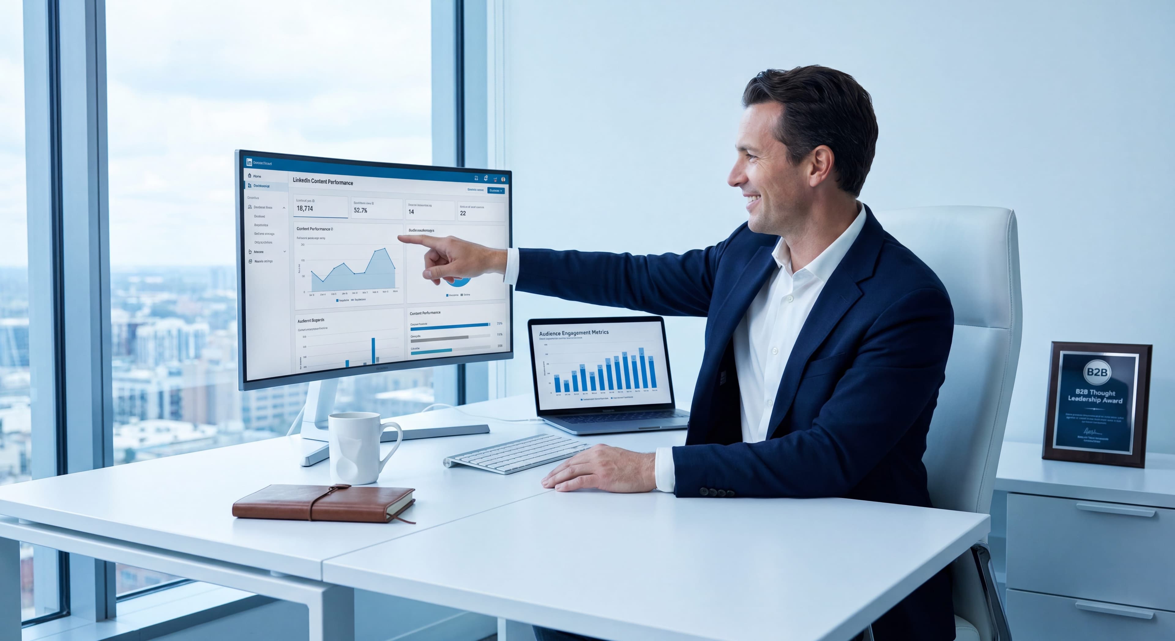 Executive reviewing a LinkedIn content strategy dashboard with B2B engagement metrics on screen