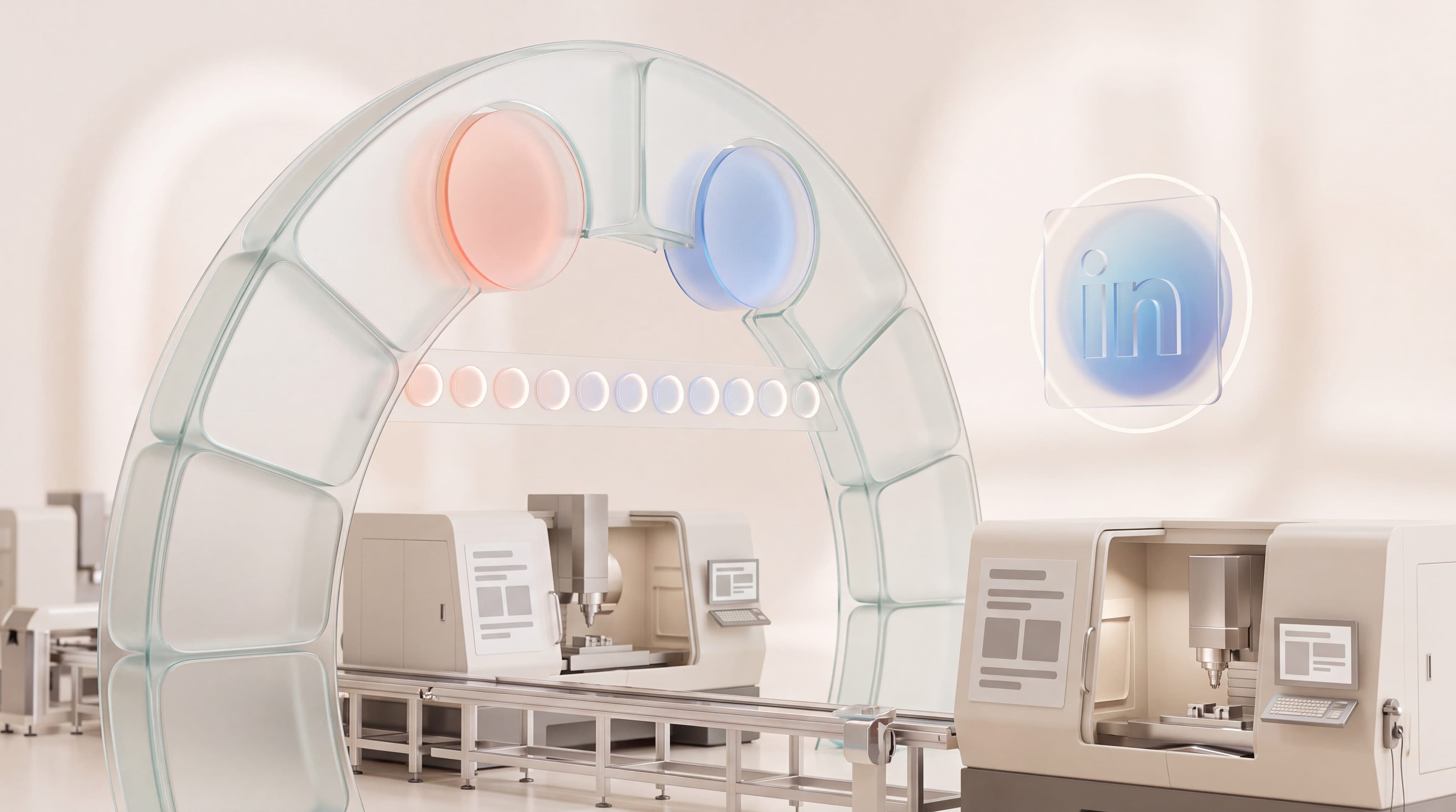 Digital marketing for manufacturers: a glass calendar arch over a factory floor, show weeks marked as discs