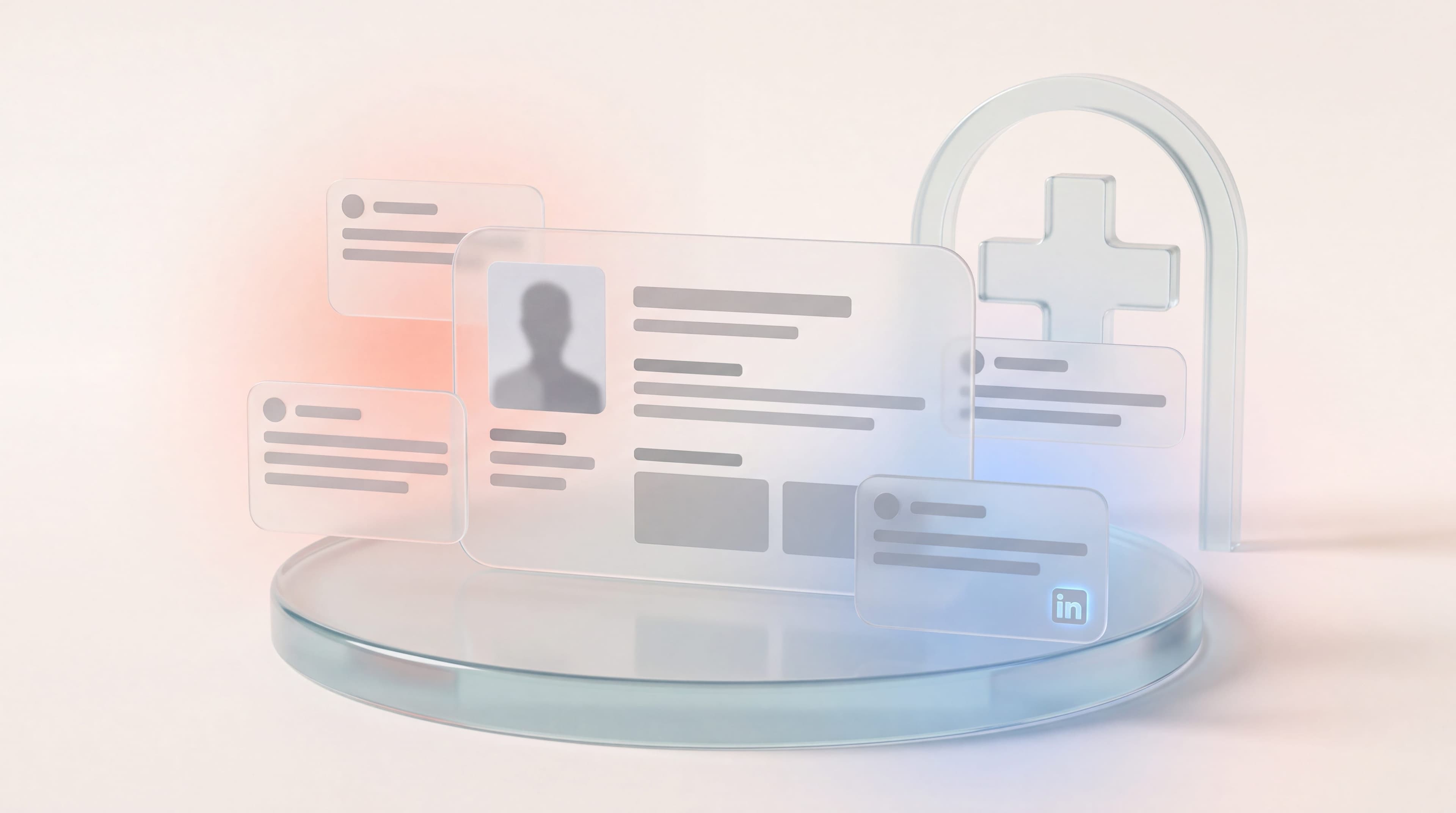 Frosted glass executive profile card under review by clinical, IT and procurement panels beside a medical cross
