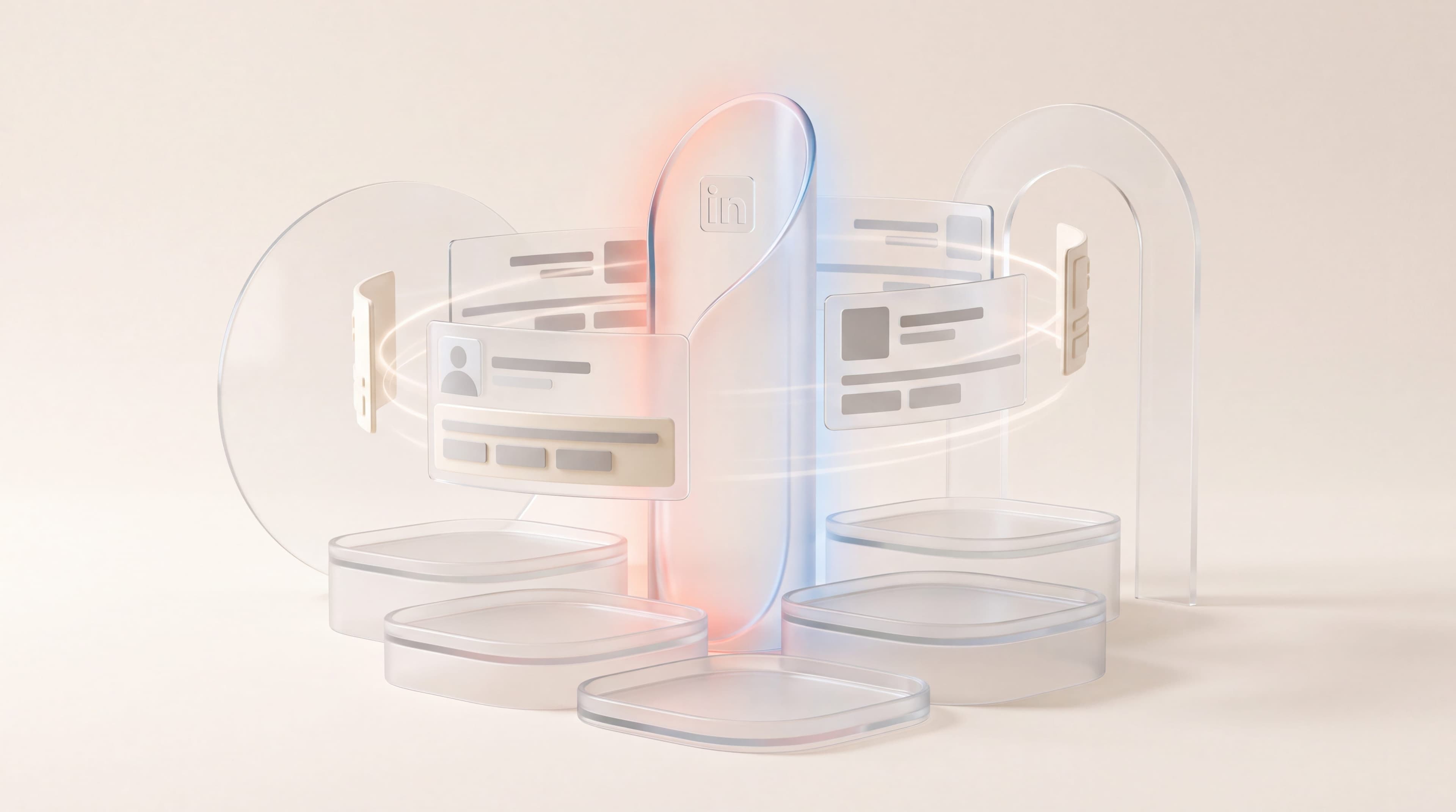 Glass column marked with the LinkedIn logo rising above five empty trays, a B2B marketing agency going deep on one channel